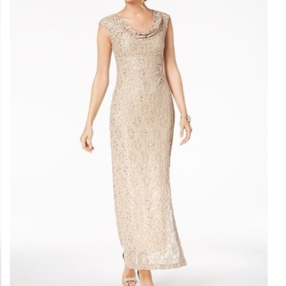 Connected Sequined Lace Cowl-Neck Gown Nude pink - Picture 2 of 8